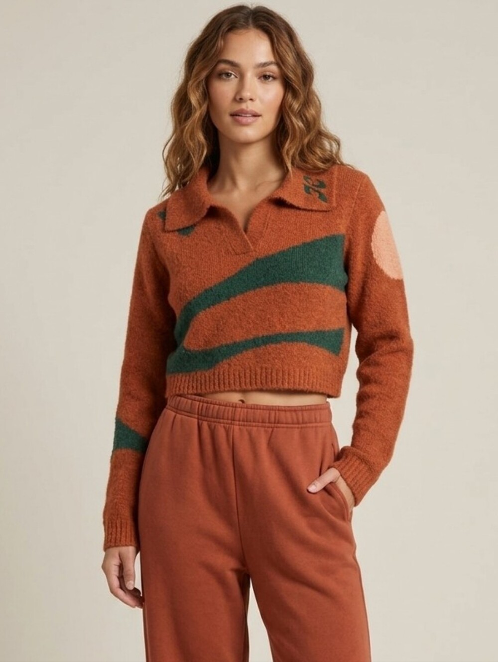 NWT HONOR THE GIFT CROPED RUST & TEAL LOGO SWEATER